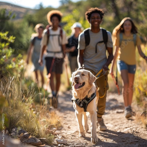Visually impaired teenager hiking with friends and a guide dog on a sunny day © Georgii