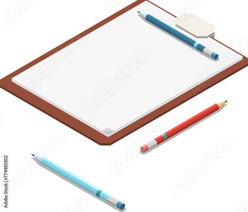 Isometric illustration of an empty notebook, pencils and eraser on a white background. Vector