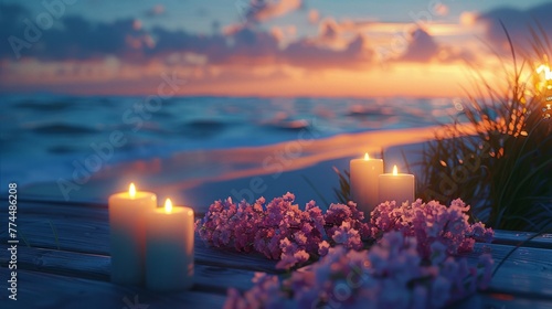 Beach candles and flowers at sunset