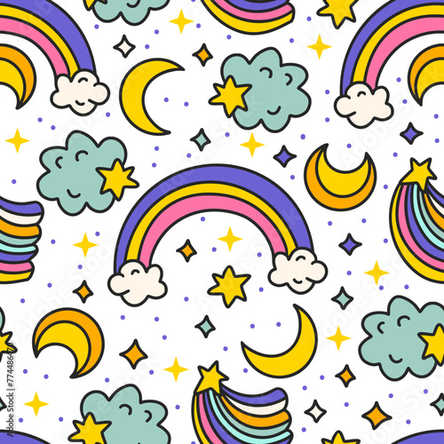 Cute Cartoon Rainbow Clouds and Moon Seamless Pattern. Starry Rainbow Sky. Kids Birthday And Baby Shower Vector Background