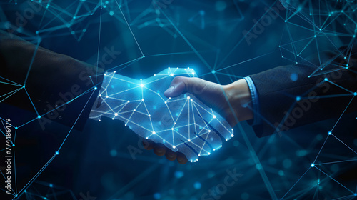 business technology concept, hand of businessman and blue hands of robot shake hand, friendship, data flow, with connect triangle network lines, generative ai photo