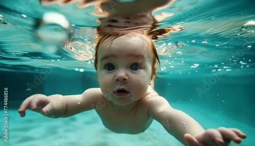 The baby is learning to swim. A child swims underwater in a children's pool. Early teaching of a child to swim. Generative AI