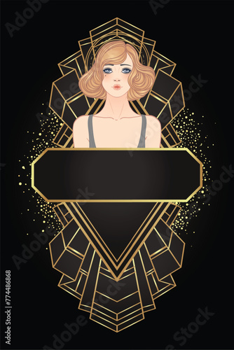 Art Deco vintage invitation template design with illustration of flapper girl...