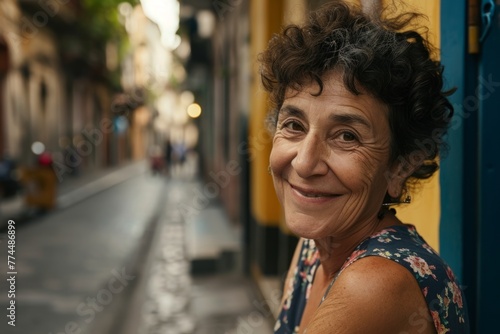 Portrait of a smiling elderly woman in the streets of the city.