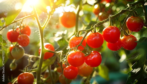 Branch of a ripe tomato plant growing in greenhouse. Fresh bunch of red natural tomatoes on a branch in organic vegetable garden. Blurry background and copy space. Generative AI