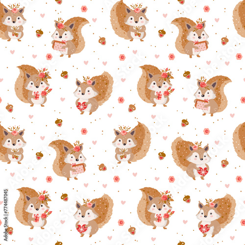 Cute cartoon squirrel with acorns, hearts and rose flowers gift and heart vector kids seamless pattern.