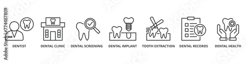 Dental care banner web icon vector illustration concept with icon of dentist, clinic, dental screening, implant, tooth extraction, records, dental health