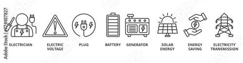 Electricity banner web icon vector illustration concept with icon of electrician, electric voltage, plug, battery, generator, solar energy, energy saving, electricity transmission