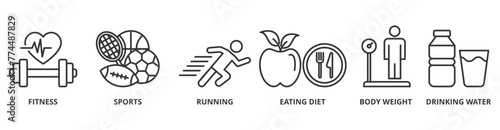 Exercise banner web icon vector illustration concept with icon of fitness, sports, running, eating diet, body weight, drinking water