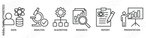 Data scientist banner web icon vector illustration concept with icon of data, analysis, algorithm, research, report, presentation