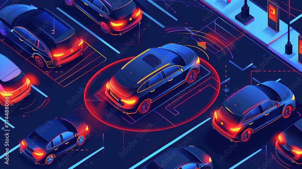 An isometric illustration of a parking assist system, detailing the technology behind sensors scanning for parking space An isometric illustration of a parking assist system, detailing the technology behind sensors scanning for parking space