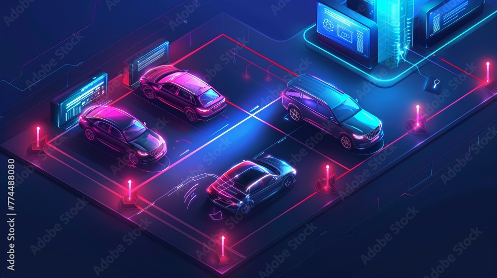 An isometric representation of smart car parking technology, designed for intuitive web usage - obrazy, fototapety, plakaty 