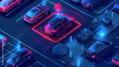 An isometric illustration of a parking assist system, detailing the technology behind sensors scanning for parking space