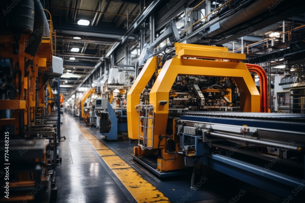 Robotic arm over production line in factory