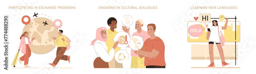 Global Exchange set. Adventurous souls partaking in exchange programs, fostering cultural dialogues, embracing language learning. Bridging gaps in global understanding. Vector illustration