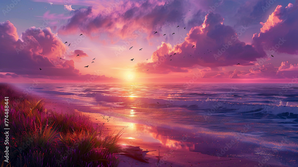 Beautiful colorful sunset over the ocean with dramatic clouds. A stunning view of an endless horizon, where red and purple hues blend in the sky, creating a breathtaking natural spectacle - obrazy, fototapety, plakaty 