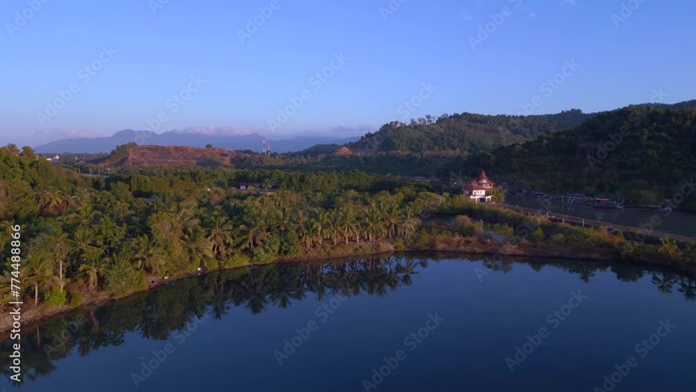 house in paradise morning sunrise glow. Fantastic aerial top view flight drone house in paradise morning sunrise glow. Fantastic aerial top view flight drone