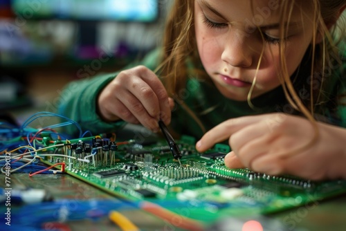 child girl is engaged in robotics and microelectronics. Children's lesson. Physics. Hobby. radio engineering