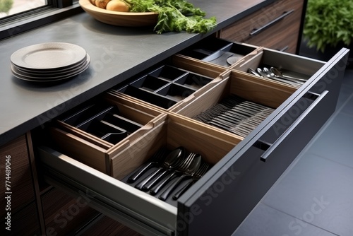Modern kitchen, Open drawers, Set of cutlery trays in kitchen drawer. Solid oak wood cutlery drawer inserts. photo