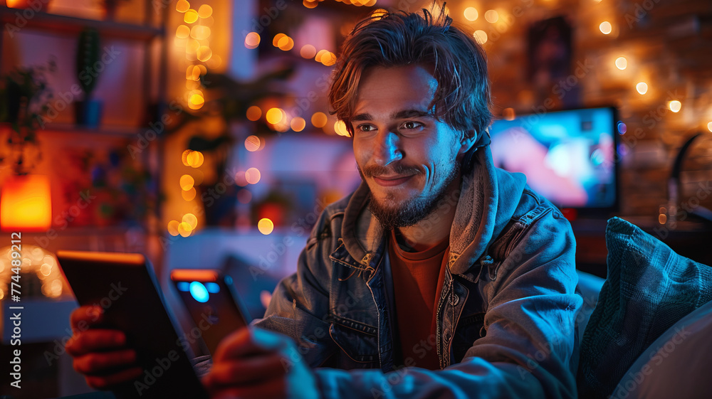 A man in front of the camera, showing his screen phone in the left hand and his screen laptop in the right.generative ai A man in front of the camera, showing his screen phone in the left hand and his screen laptop in the right.generative ai