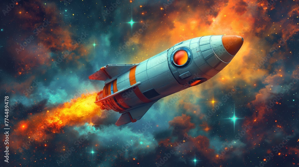 The rocket takes off from the planet. Colorful bright modern. Created with Generative AI. The rocket takes off from the planet. Colorful bright modern. Created with Generative AI.