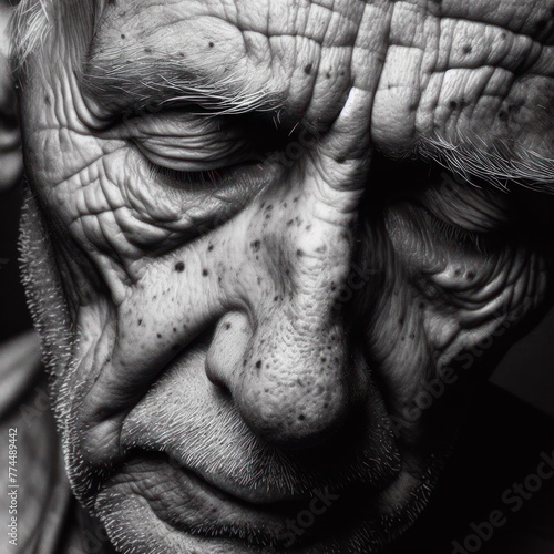 Old person looking at the ground, black and white photo © fitpinkcat84