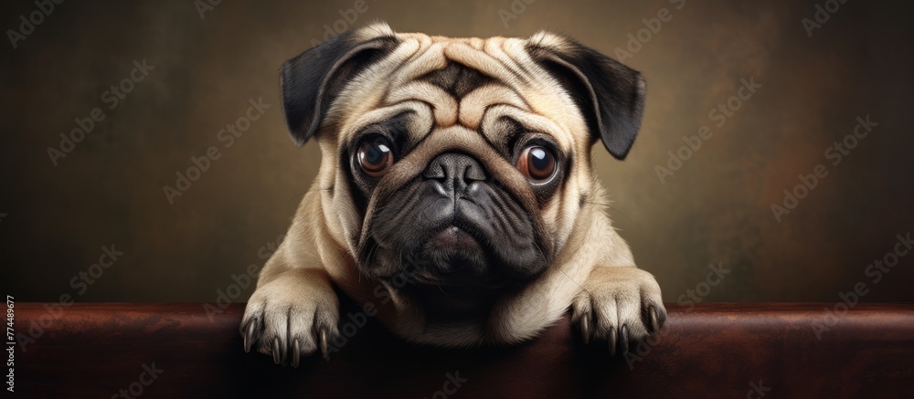 Seated on a comfortable sofa, a pug breed canine gazes directly towards the camera with a curious expression on its face