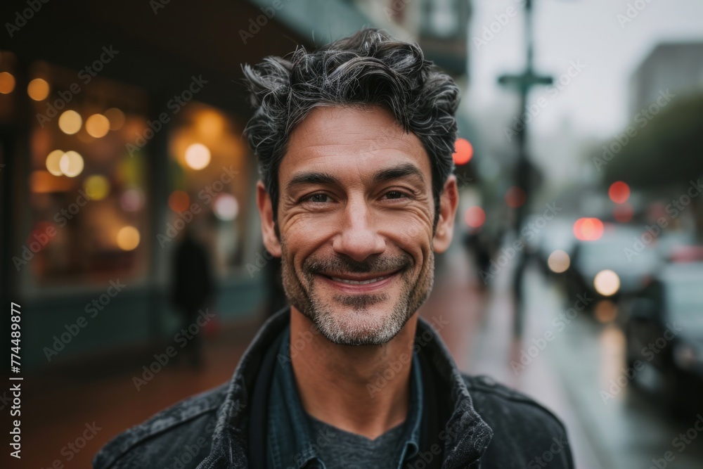 Portrait of handsome middle aged man with beard and mustache smiling in the city. Portrait of handsome middle aged man with beard and mustache smiling in the city.