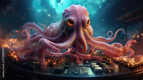 Cute octopus with headphones listening to music or DJ in a night club. Created with generative AI.