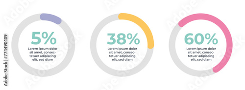 Set of circle percent infographic. Elements with text, percentage scale. Vector flat illustration round chart, info, statistic, statistics data, speed on white isolated background