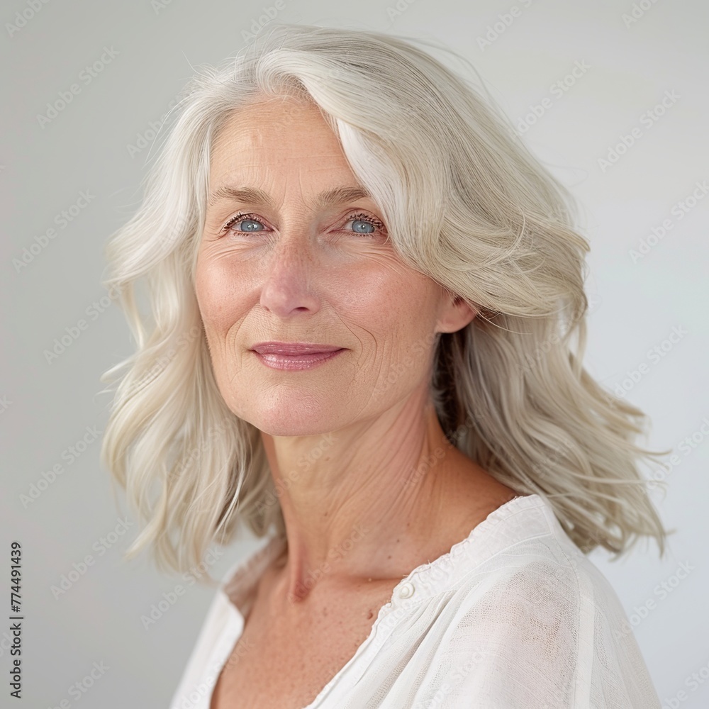 A blissful skincare portrait of an American model aged 60, showcasing blond hair against a soft white gradient backdrop. A blissful skincare portrait of an American model aged 60, showcasing blond hair against a soft white gradient backdrop.