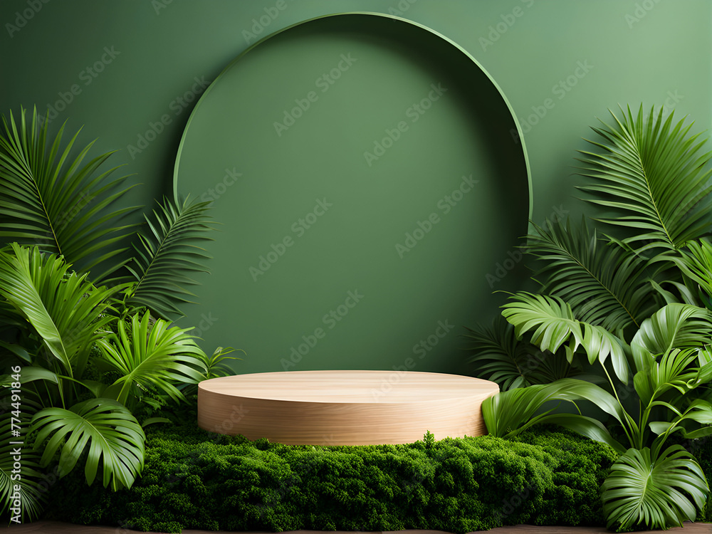 Wooden podium in tropical forest for product presentation and green background.
Wooden podium in tropical forest for product presentation and green background.
