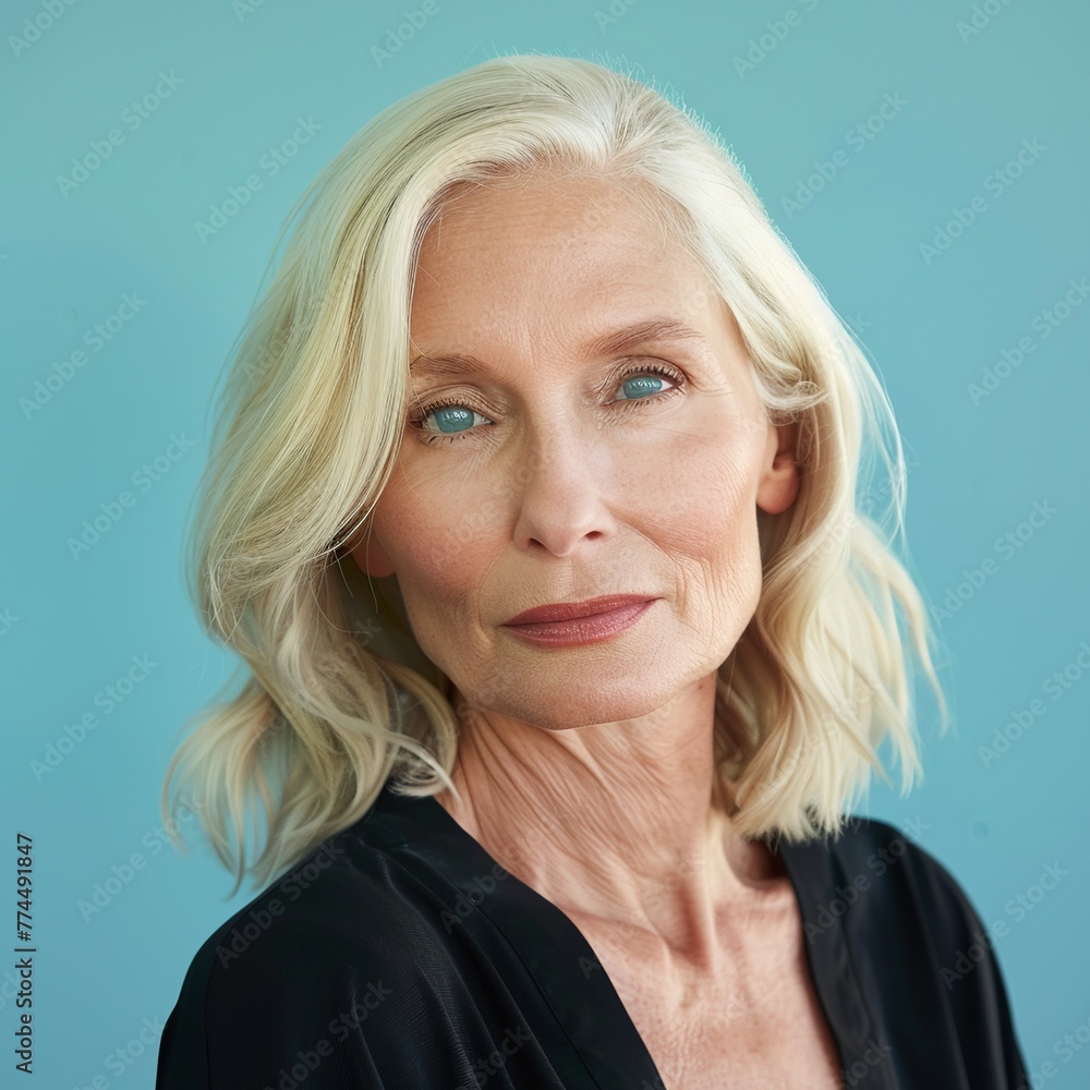 A blissful skincare portrait of an American model aged 60, showcasing blond hair against a soft white gradient backdrop. A blissful skincare portrait of an American model aged 60, showcasing blond hair against a soft white gradient backdrop.