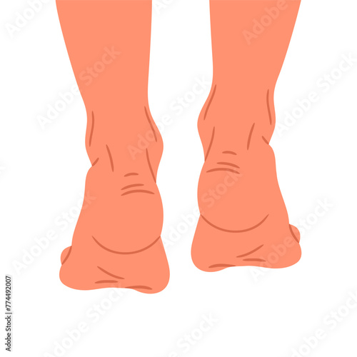 Barefoot legs back view. Woman walks or sneaks on tiptoes, female naked feet, bare pair of legs flat vector illustration. Hand drawn feet on white