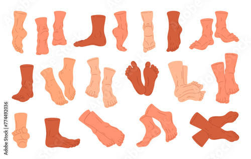 Bare human feet. Human barefoot legs in different poses, standing, walking and lying male or female legs flat vector illustration set. Back, front, side feet view