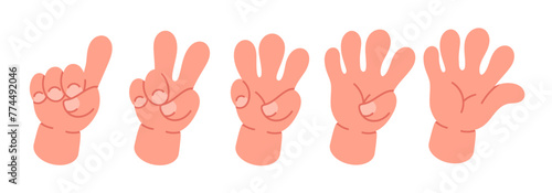 Counting comic hands. Cartoon comic gloved hands, count from one to five, doodle cute hand palms flat vector illustration set. Comic book hands counting