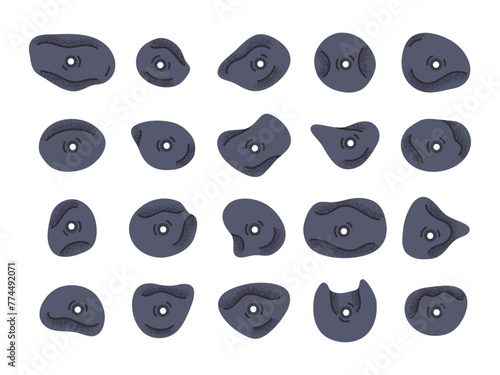 Alpinism hooks. Holds for rock climbing walls, climbing wall training crimps and fasteners flat vector illustration set. Alpinism climbing grips collection