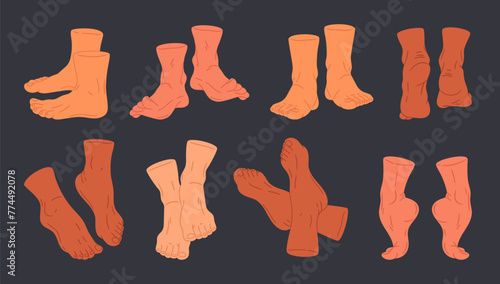 Human barefoot legs. Bare pairs of legs, human feet in different positions, back, front, side male or female feet view flat vector illustration set. Hand drawn feet collection