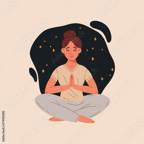 Female with closed eyes meditating in yoga lotus pose. Meditating woman with crossed legs, meditation and breath exercise flat vector illustration. Harmony and tranquility scene
