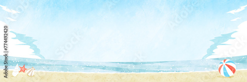 夏の海の水彩バナー背景 砂浜の貝殻とビーチボールの風景イラスト
