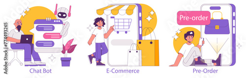 Digital Evolution set. Man interacts with chatbot, customer engages in e-commerce, person pre-orders online. Digital consumer journey in modern era. Vector illustration.