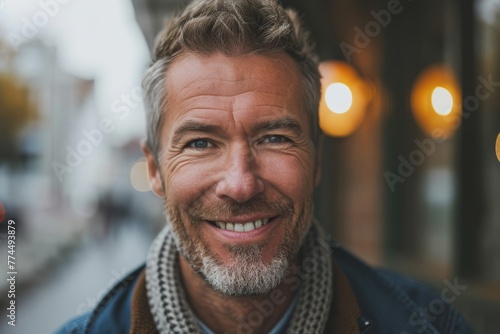 Portrait of handsome middle-aged man smiling at camera outdoors. © Iigo