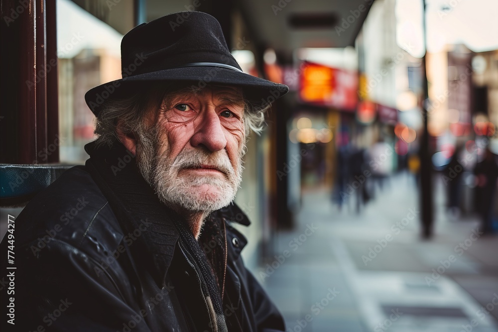 Portrait of an old man with hat in a city street. Portrait of an old man with hat in a city street.