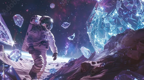 astronaut on a neon diamond planet in high resolution and quality. universe concept, astronaut, galaxies
