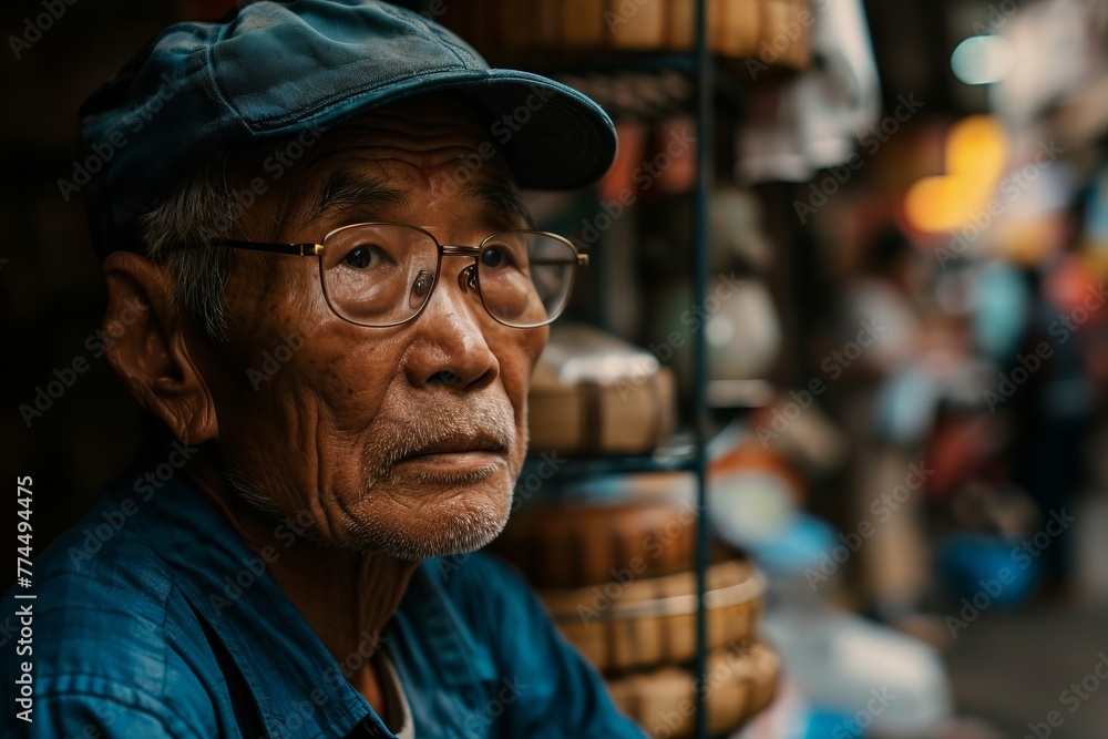 Old asian man with hat and glasses sitting in the market. Old asian man with hat and glasses sitting in the market.