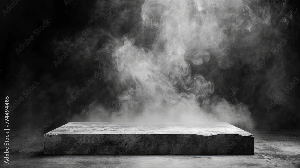 Fototapeta premium Gray textured concrete platform, podium or table with smoke in the dark