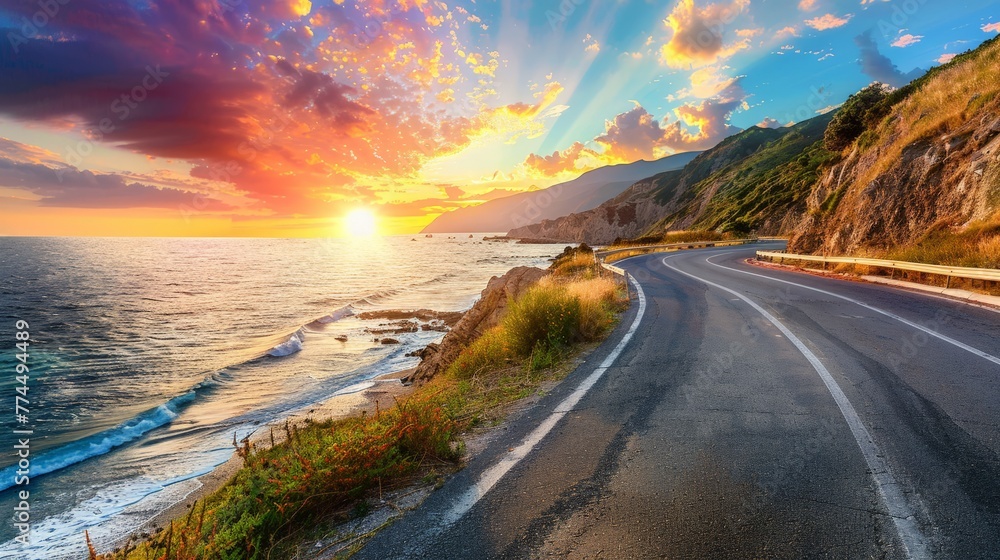 highway landscape at colorful sunset. Road view on the sea. colorful seascape with beautiful road. highway view on ocean beach.