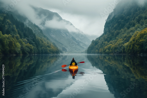 A female kayaker paddles through calm waters amidst dense fog, with lush greenery and towering mist-laden mountains backdrop.Active and adventurous lifestyle in the heart of nature.