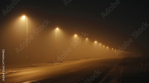 Foggy misty night road illuminated by street lights
