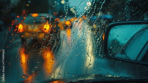 Rain shower on car windshield or car window and blurry road in background. Driving in rainy season. Rain drops on car mirror.